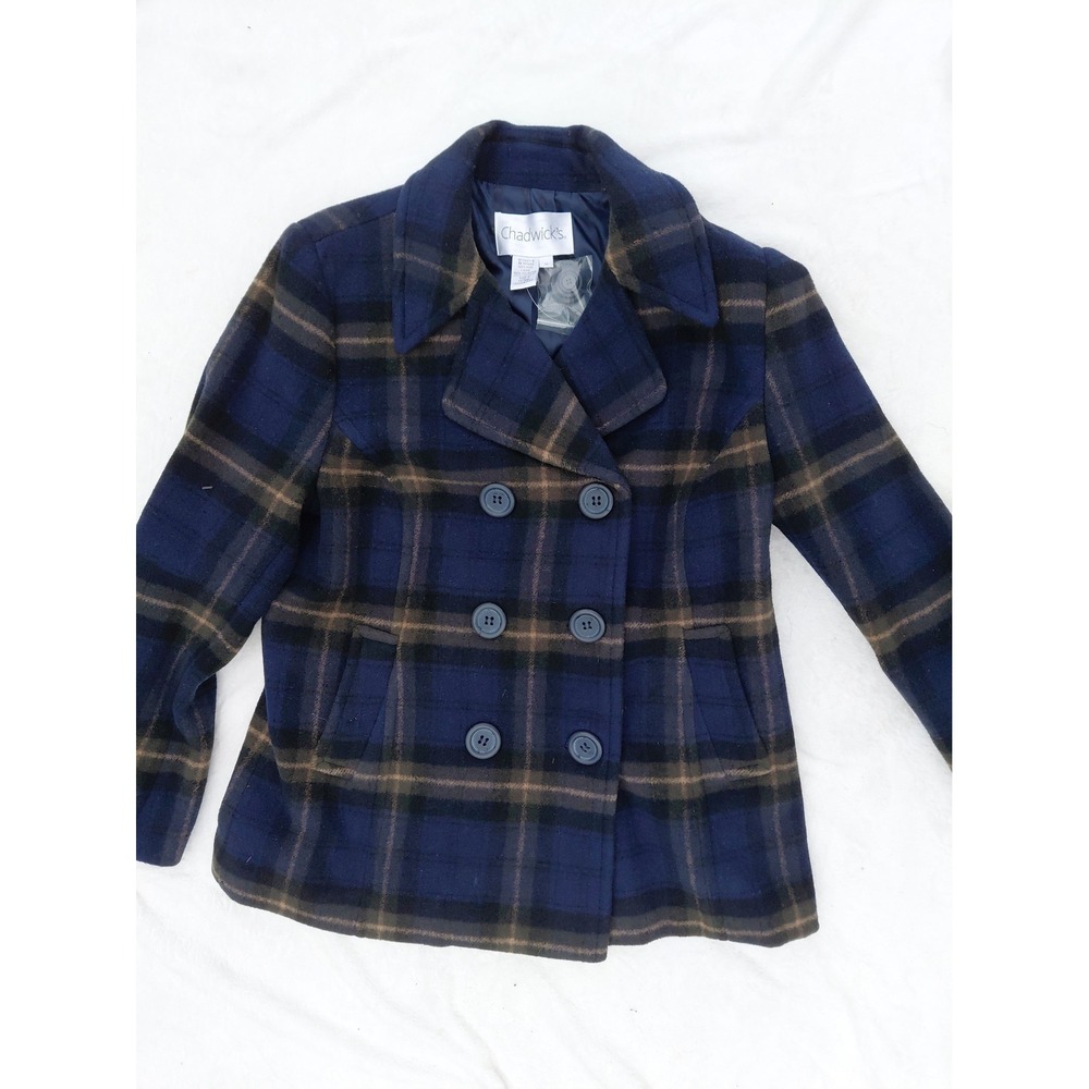 Chadwicks Womens 100% Wool Plaid Pea Coat Navy Blue Brown Double Breasted Sz 14